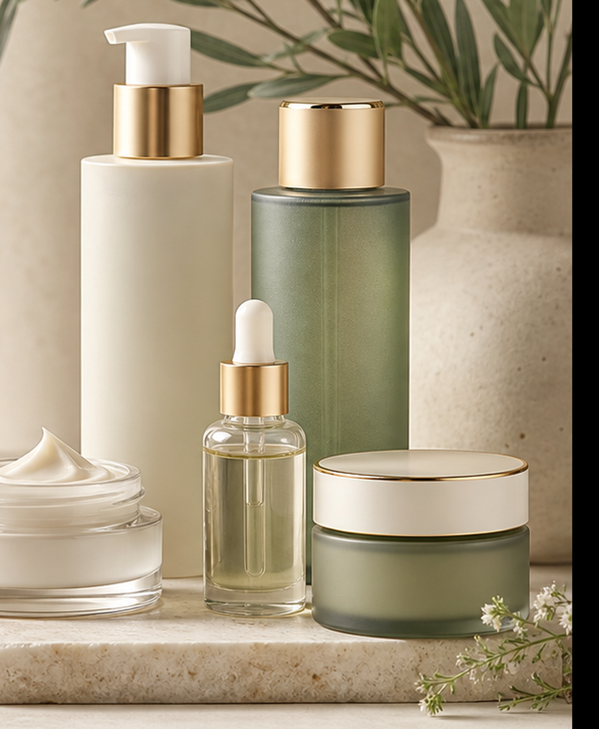 Flacons skincare premium ShoopyShopStyle dans une ambiance sauge et beige